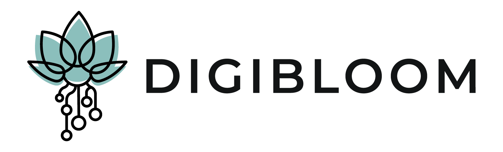Logo de Digibloom avec une fleur bleue ouverte et des racines en circuit intégré