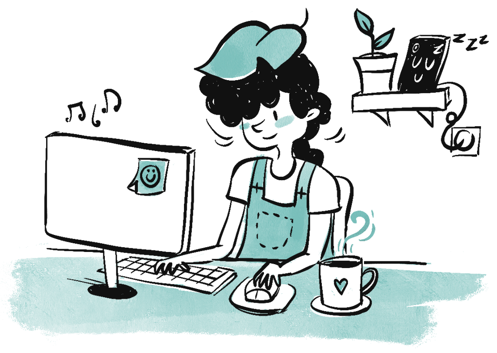 Une illustration du personnage Ollie en train de travailler derrière son ordinateur, souriant et paisible. Son téléphone en veille est visible sur une étagère hors de sa vue.