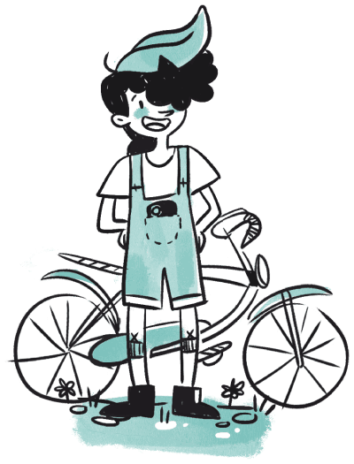 Illustration du personnage Ollie à la fin de son coaching en minimalisme numérique, dehors, debout sur l'herbe avec son vélo, un grand sourire aux lèvres et le téléphone portable rangé dans la poche.