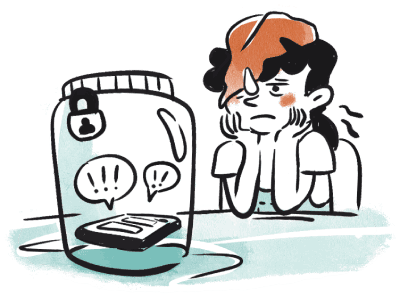 Illustration du personnage Ollie pendant sa digital detox, la tête dans les mains, les coudes posés sur la table, l'air déprimé. Sur la table on peut voir un bocal fermé avec un cadenas avec un smartphone qui reçoit des notifications.