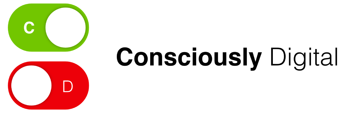 Logo de Consciously Digital avec un bouton on vert et un bouton off rouge